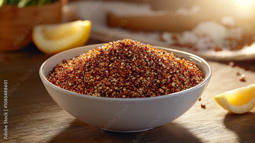 bowl of quinoa with delicate fluffy texture, perfect for healthy meals. This nutritious grain is rich in protein and adds vibrant touch to any dish