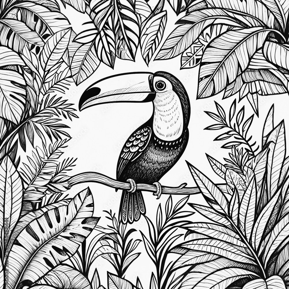 Naklejka premium Intricate Black and White Illustration of Toucan in Jungle