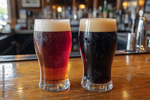 Two distinct craft beers served in glasses on a wooden bar top in a lively pub during evening hours