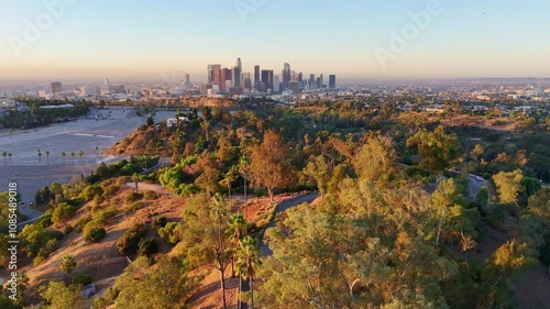 Elysian park and downtown Los Angeles, aerial view, morning sunlight, long shadows.
