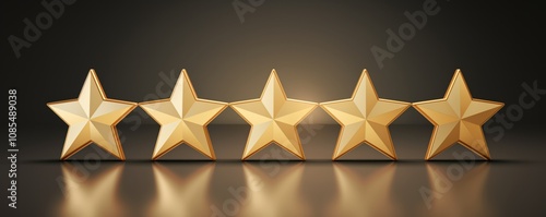 Five golden 3D stars in row on dark reflective surface. Premium quality rating system visualization with metallic gold finish and dramatic lighting for luxury brand reviews. 8k banner background