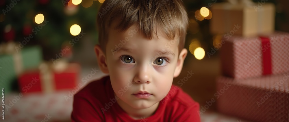 Boy with captivating eyes, Christmas gifts in the background. Festive mood Boy with captivating eyes, Christmas gifts in the background. Festive mood