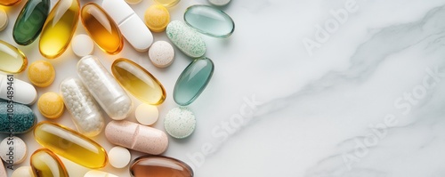 Dietary supplements and vitamins flat lay on marble background. Colorful pills, capsules and omega oils in modern minimal composition with copy space. 8k wellness banner backdrop with copy space