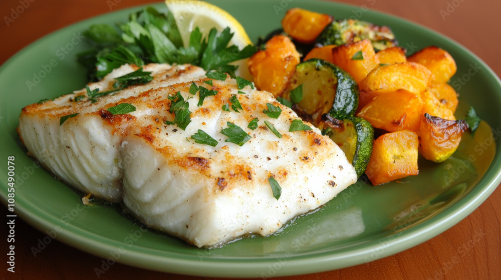 plate of baked fish garnished with herbs, served with roasted vegetables and lemon. This colorful dish is perfect for healthy meal plate of baked fish garnished with herbs, served with roasted vegetables and lemon. This colorful dish is perfect for healthy meal