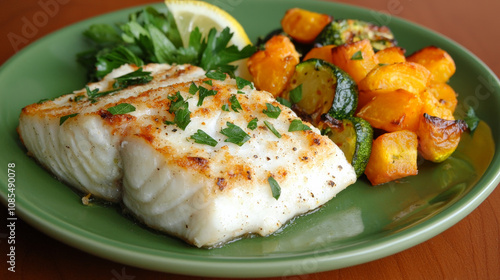 plate of baked fish garnished with herbs, served with roasted vegetables and lemon. This colorful dish is perfect for healthy meal