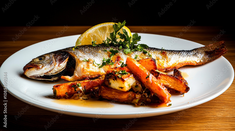 plate of baked fish garnished with lemon and herbs, served with roasted vegetables. vibrant colors and textures create appetizing presentation plate of baked fish garnished with lemon and herbs, served with roasted vegetables. vibrant colors and textures create appetizing presentation
