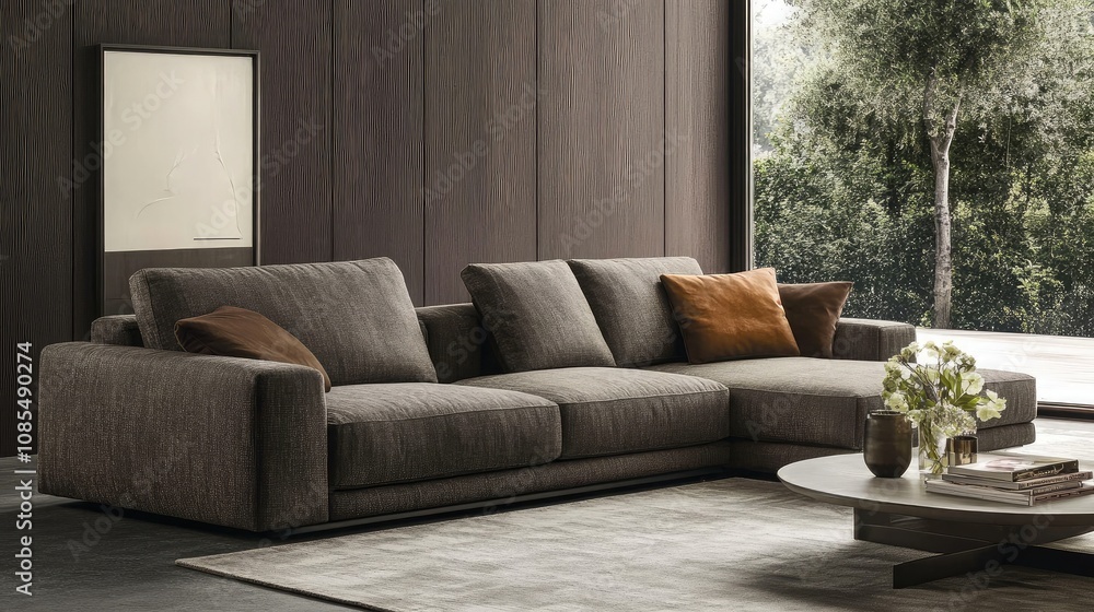 Fototapeta premium Modern and Stylish Living Room with Cozy Sofa and Elegant Coffee Table Surrounded by Lush Greenery and Natural Light in Contemporary Interior Design