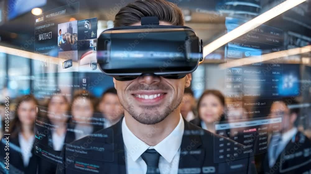 A man wearing a VR headset smiles, surrounded by digital data and a group of people. A man wearing a VR headset smiles, surrounded by digital data and a group of people.