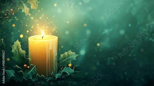 Glowing candle surrounded by holly leaves in festive ambiance.