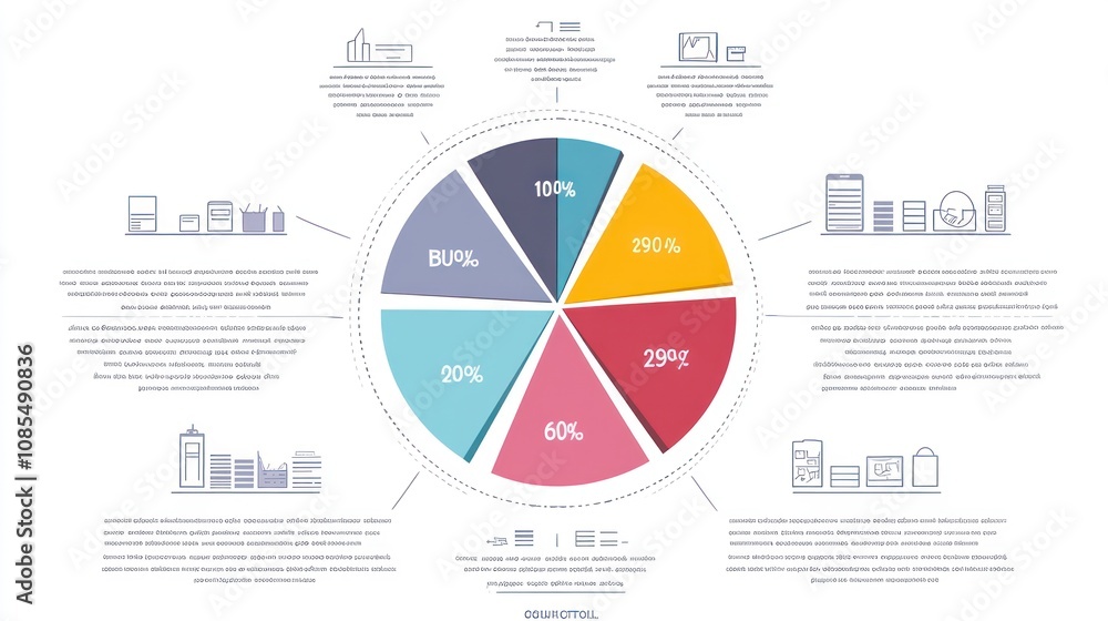 Obraz premium A pie chart infographic with eight slices representing different data points, each with a percentage label.