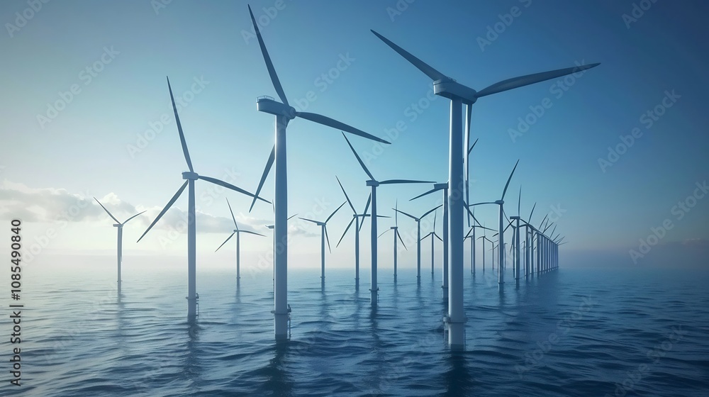 Wind Turbine Farm in a Calm Ocean Wind Turbine Farm in a Calm Ocean