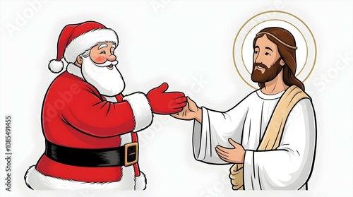 Santa Claus and Jesus shaking hands on white background