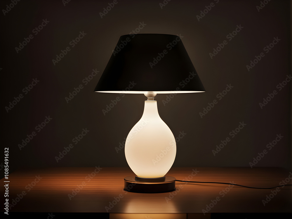 Glowing lamp on table in dark room Glowing lamp on table in dark room
