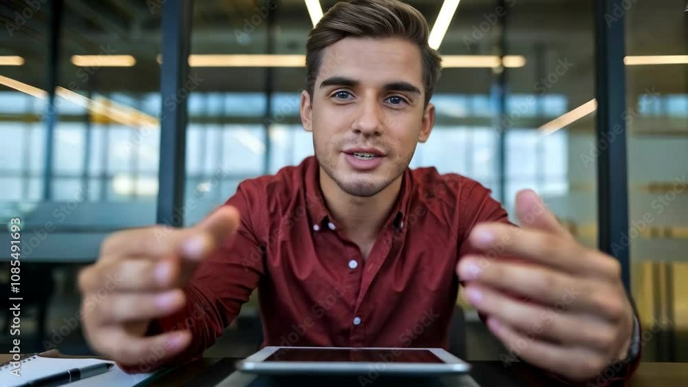 A young man enthusiastically engages in a discussion during a meeting. A young man enthusiastically engages in a discussion during a meeting.