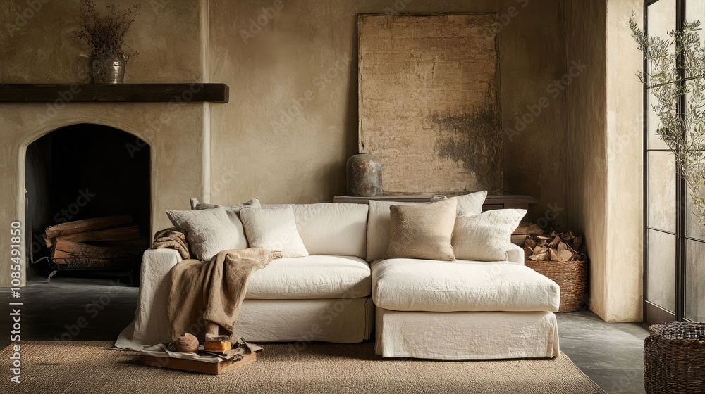 Cozy Minimalist Living Room with a Light Cream Sofa, Natural Textures, Earthy Tones, and Soft Lighting, Inviting Atmosphere for Relaxation and Comfort Cozy Minimalist Living Room with a Light Cream Sofa, Natural Textures, Earthy Tones, and Soft Lighting, Inviting Atmosphere for Relaxation and Comfort
