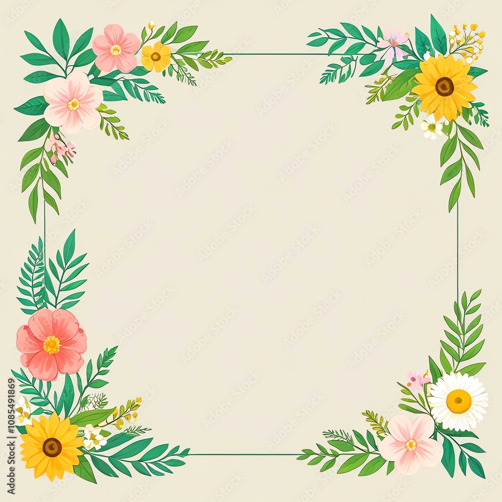 Floral Frame: A Springtime Border of Delicate Blossoms and Vibrant Sunflowers Floral Frame: A Springtime Border of Delicate Blossoms and Vibrant Sunflowers