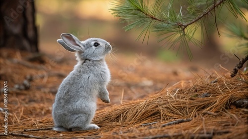 Young grey rabbit standing on hind legs in a pine forest, gazing up at a branch