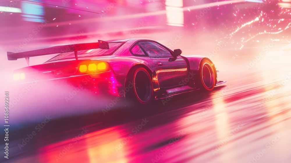 Sports Car Drifting on a Neon Road Sports Car Drifting on a Neon Road