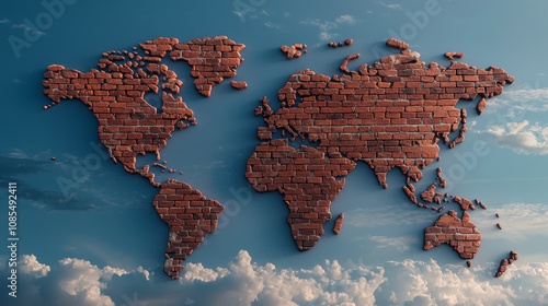 World map divided by tall brick walls for trade wall, economic protectionism concept. photo