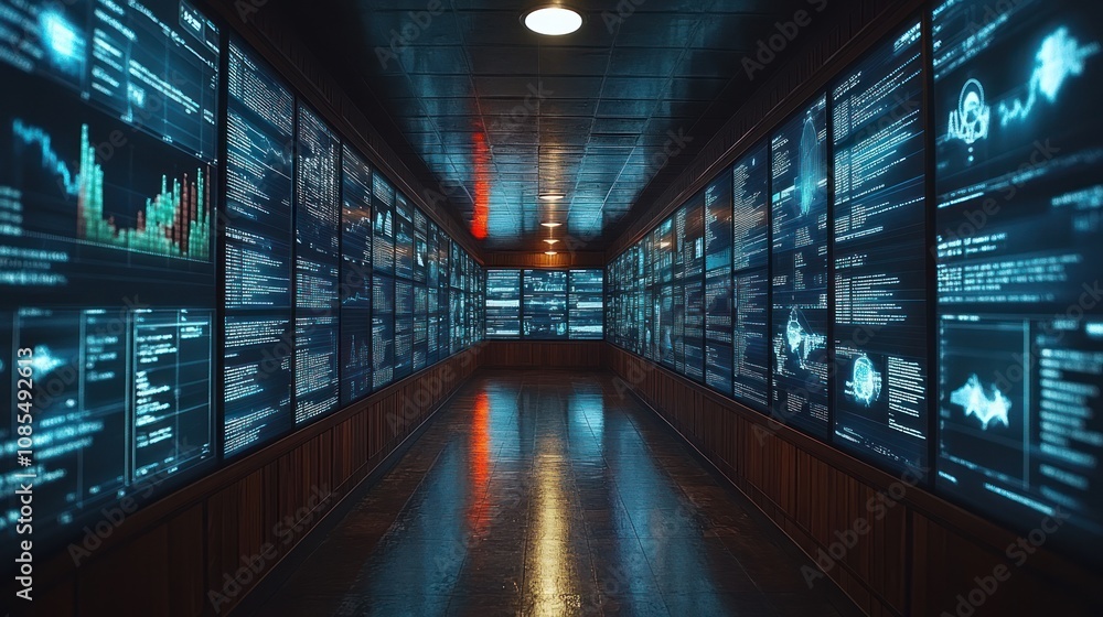 Fototapeta premium A corridor lined with digital screens displaying data and graphs.