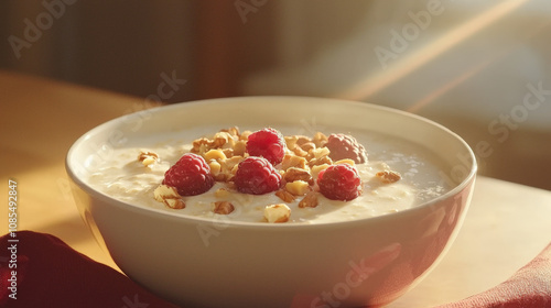 Creamy oatmeal bowl topped with raspberries and walnuts, bathed in warm sunlight, creating cozy and inviting breakfast scene