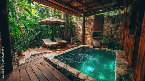 Wallpaper Mural Tranquil Private Outdoor Oasis with Soothing Pool Surrounded by Lush Greenery and Natural Stone Features for Ultimate Relaxation Experience Torontodigital.ca