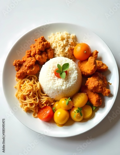 A plate of nasi ambeng with fragrant rice, fried chicken, serunding, sambal, fried noodles, and tempeh on a white plate against a minimalist background. Soft lighting highlights the vibrant colors photo