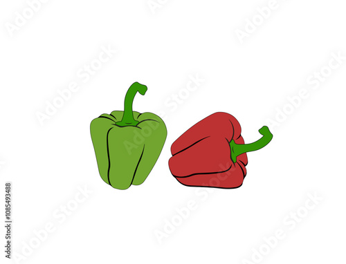 Green and red pepper on a white background. Vector illustration