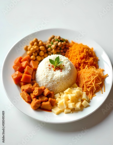 A plate of nasi ambeng with fragrant rice, fried chicken, serunding, sambal, fried noodles, and tempeh on a white plate against a minimalist background. Soft lighting highlights the vibrant colors photo