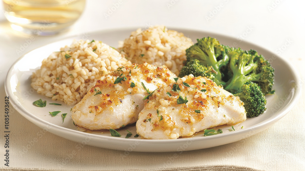 Baked chicken breast served with steamed broccoli and brown rice, creating healthy and delicious meal. Perfect for nutritious dinner option Baked chicken breast served with steamed broccoli and brown rice, creating healthy and delicious meal. Perfect for nutritious dinner option