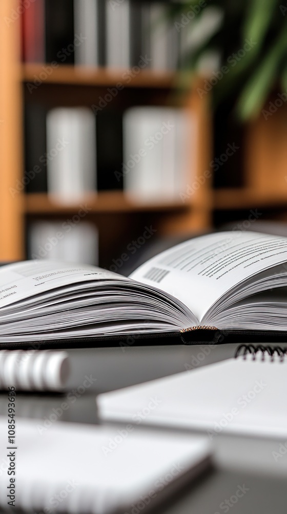 An open book on a desk with notebooks and a blurred bookshelf in the background. An open book on a desk with notebooks and a blurred bookshelf in the background.