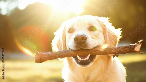 Dog is running through a field with a large stick in its mouth on a sunny day. The dog is panting happily with its tongue out