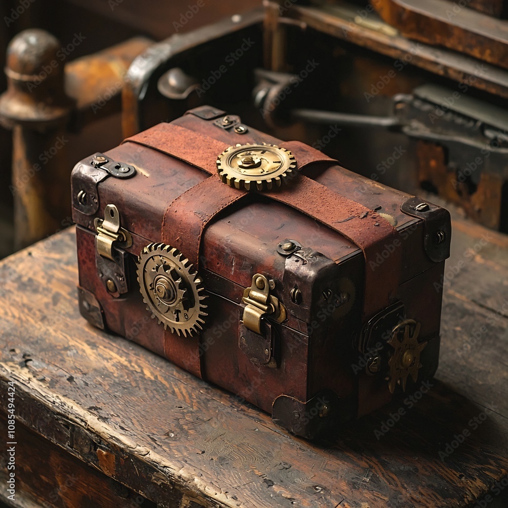 Steampunk Themed Gift Box with Gears Cogs and Brass Details on an Antique Workbench Steampunk Themed Gift Box with Gears Cogs and Brass Details on an Antique Workbench