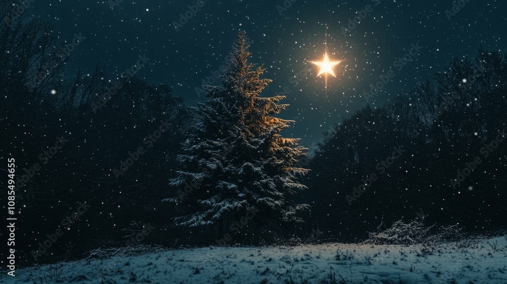 Snowy night with a bright star illuminating a pine tree. Snowy night with a bright star illuminating a pine tree.