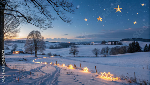 Golden stars and holiday lights reflecting in snow-covered fields, winter night magic, peaceful holiday vibes, tranquil nature