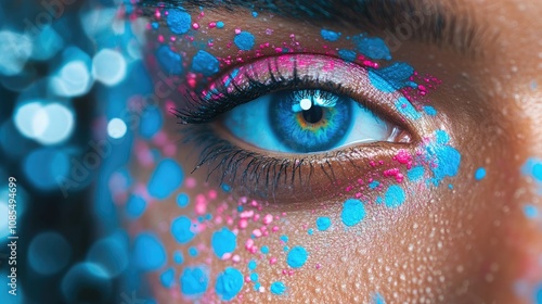 Close-Up of an Eye with Vibrant Colored Makeup and Glimmering Background, Showcasing Artistic Expression and Unique Style in Beauty Photography photo