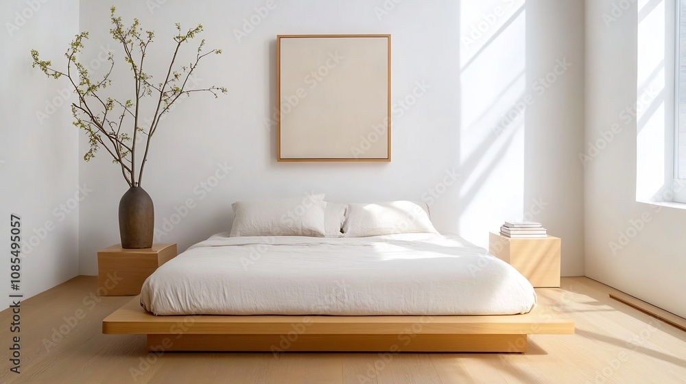 Minimalist Bedroom with Low Platform Bed and Modern Art Decor for Calm and Zen Interior Design Minimalist Bedroom with Low Platform Bed and Modern Art Decor for Calm and Zen Interior Design