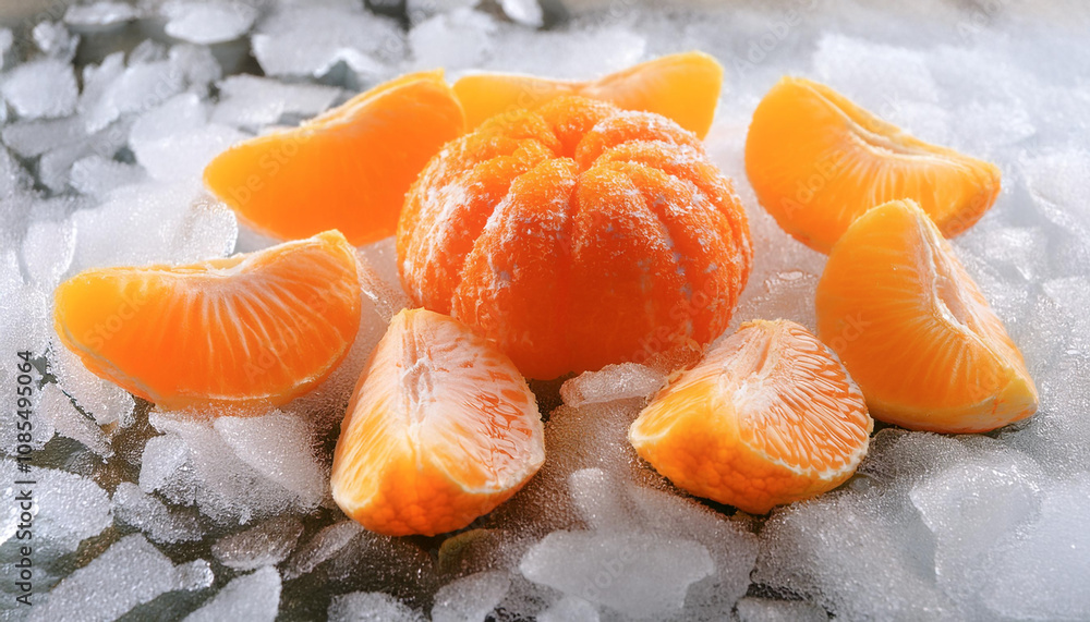 Background of beautiful mandarine orange fruit slices on frozen surface Background of beautiful mandarine orange fruit slices on frozen surface