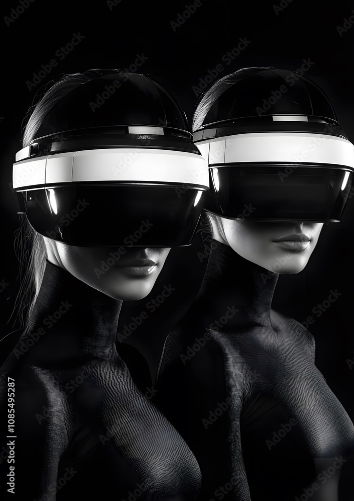 Futuristic portraits of individuals exploring virtual reality technology, showcasing innovation, digital interaction, and modern design Futuristic portraits of individuals exploring virtual reality technology, showcasing innovation, digital interaction, and modern design