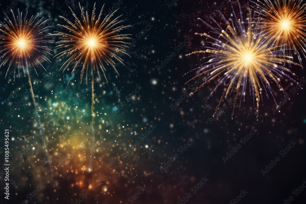 Fototapeta premium fireworks background 2025 New Year vector illustration. Flat style abstract, geometric design. Concept for holiday decor, card, poster, banner.