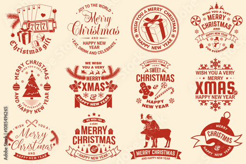 Set of Merry Christmas and 2025 Happy New Year stamp, sticker Set quotes with snowflakes, snowman, santa claus, candy, sweet candy, cookies. Vector. Vintage typography design for xmas, new year emblem