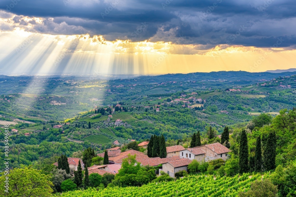 Obraz premium Beautiful Scenic View of Italian Countryside with Vineyards, Rolling Hills, and Sunlight Streaming Through Clouds in Springtime Landscape