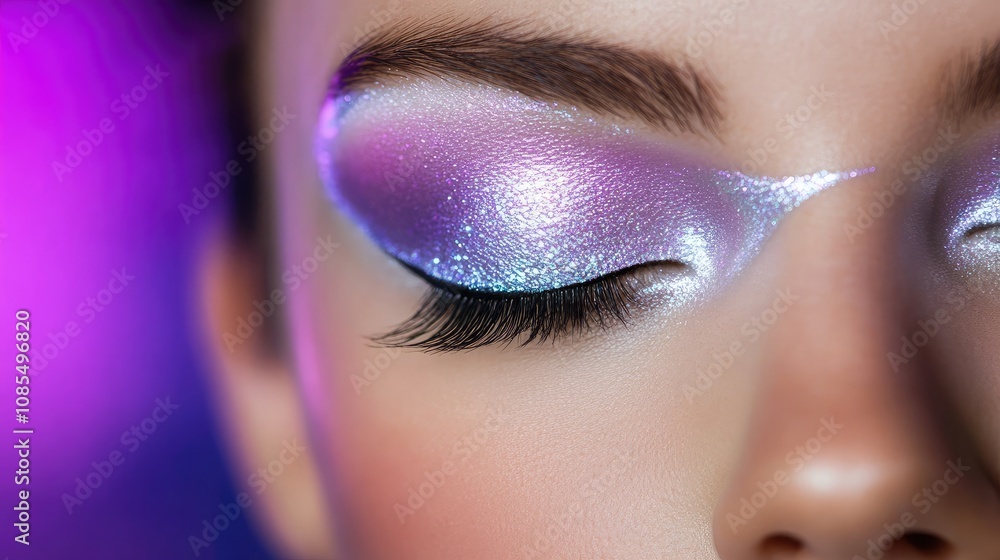 Fototapeta premium Close-Up of Fashionable Eye Makeup Featuring Shimmering Silver and Purple Shades with Long Lashes Against a Vibrant Background in Soft Focus