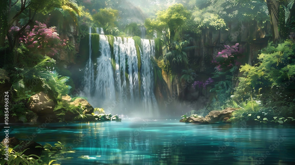 Tranquil Waterfall in Lush Tropical Forest