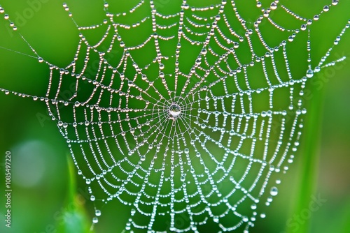 Delicate Spider Web Glistening with Water Droplets Against a Soft Green Background in a Natural Landscape Scene photo