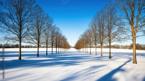 Tranquil Winter Scene of a Snowy Grove with Tall Trees Captured Under a Clear Blue Sky at High 6X Magnification