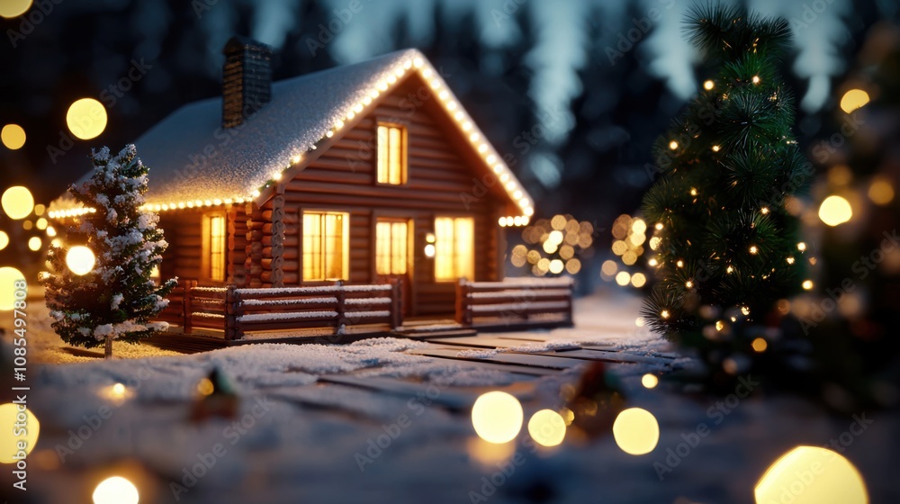 Charming Winter Scene Featuring a Cozy Cabin Surrounded by Snowy Landscape, Tall Pine Trees, and Warmly Lit Decorative Lights in a Magical Atmosphere Charming Winter Scene Featuring a Cozy Cabin Surrounded by Snowy Landscape, Tall Pine Trees, and Warmly Lit Decorative Lights in a Magical Atmosphere