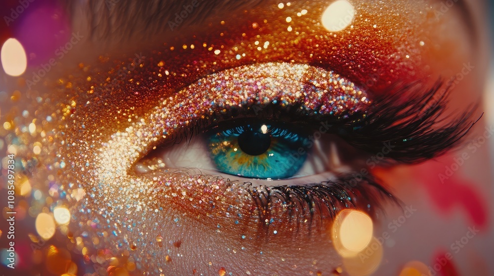 © somsri - Vibrant Eye Close-Up with Multicolored Glitter Makeup and Sparkling Bokeh Highlights Captivating Beauty and Artistry in Cosmetic Photography © somsri - Vibrant Eye Close-Up with Multicolored Glitter Makeup and Sparkling Bokeh Highlights Captivating Beauty and Artistry in Cosmetic Photography