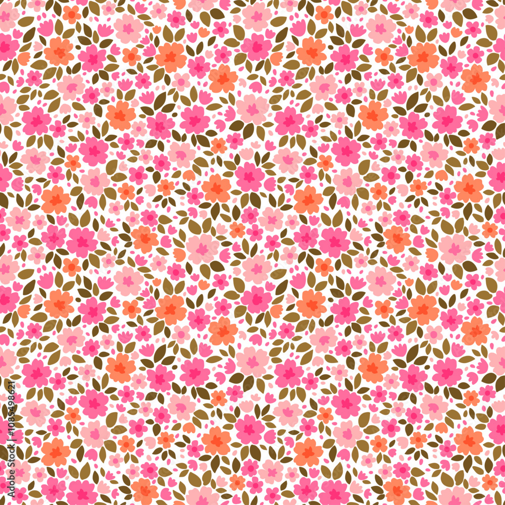 Seamless floral pattern. Cute bouquet of small orange and pink flowers and green leaves. Light flowers on white background in trendy fashion vintage style. Stock vector for prints on surface. Seamless floral pattern. Cute bouquet of small orange and pink flowers and green leaves. Light flowers on white background in trendy fashion vintage style. Stock vector for prints on surface.