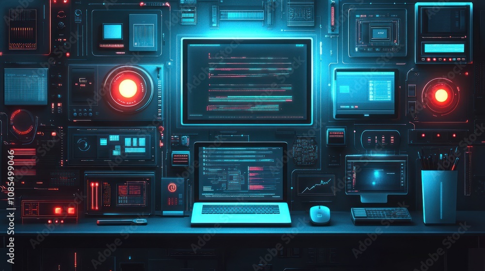 Fototapeta premium Futuristic tech workspace with screens and controls.